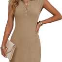 Saodimallsu Womens Summer Sleeveless Mini Dress Casual Polo Collared Button V Neck Knit Sweater Shirt Dresses (Beige)