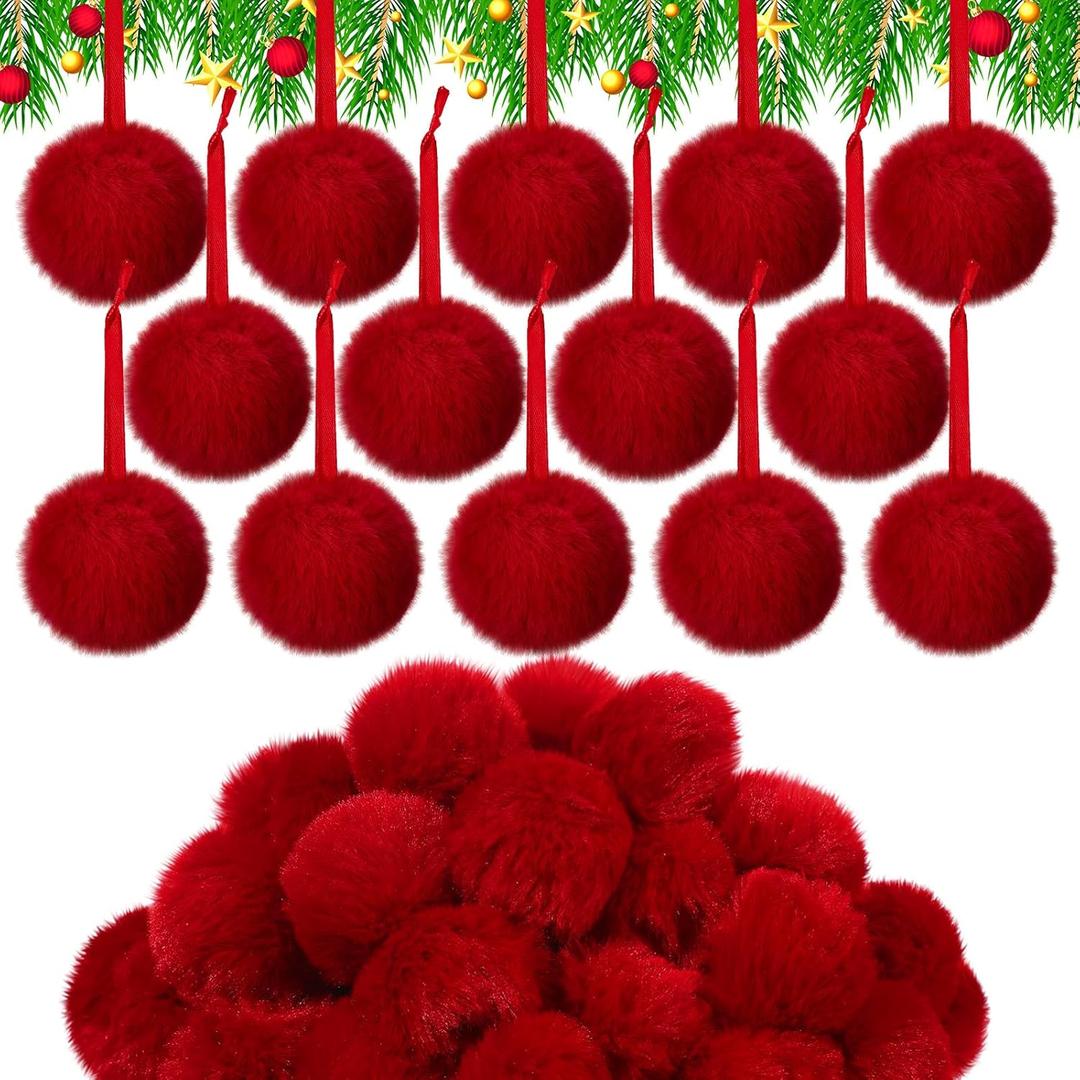 WILLBOND 60 Pcs Red Burgundy Furry Christmas Ornaments 2 Inch Pom Pom Ball Hanging Decoration Fuzzy Fluffy Christmas Ornaments for Xmas Tree Home DIY Craft Party Decor