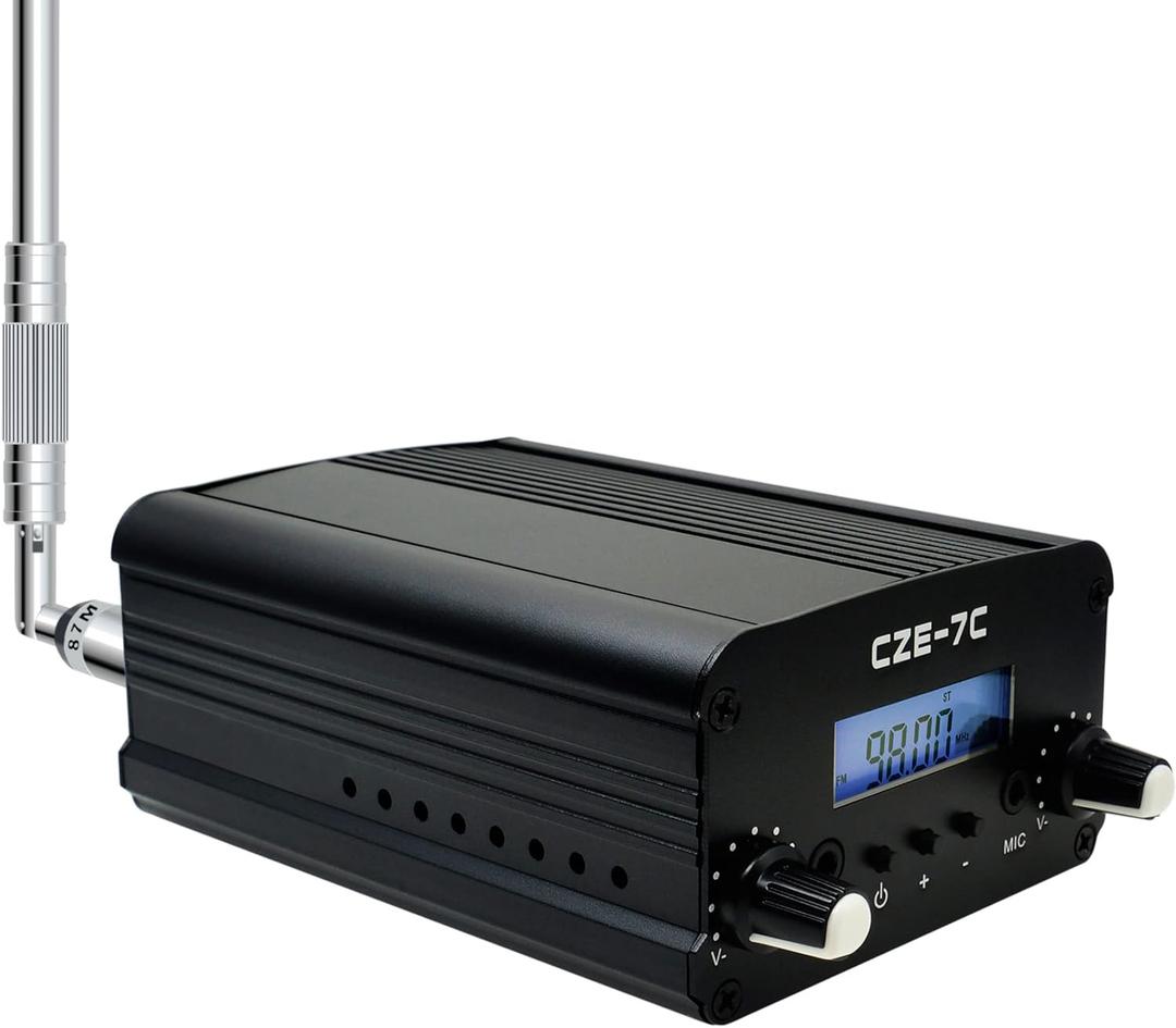 7W 1W Long Range FM Transmitter with LCD & 3.5mm Audio Cable - Ideal for Drive-in Church, School & Supermarket Events, Light Shows & Fireworks Display - Black