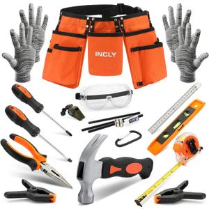INCLY 18PCS Kids Tool Set with Reinforced Belt, Adjustable Waist 20"-32", Boys Real Hand Tools Kit Children Construction Learning Tools Hammer Screwdriver for Home DIY Building & Woodworking
