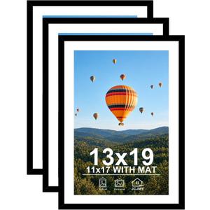 JCJMY 13x19 Picture Frame Set of 3 with 11x17 Mat, Black 13 x 19 Poster Frames with Shatter Resistant Plexiglass, Display 11 x 17 with Mat or 13 by 19 Without Mat, Sturdy Wall Hanging Frames