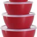 4-Piece Classic Plastic Prep Bowls with Lids, Nesting Plastic Small Mixing Bowl Set for Mixing, Baking, Prepping, Cooking and Serving Food, Microwave and Dishwasher Safe (Red)