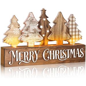 Chunful Lighted Wooden Christmas Tree Decor Rustic Christmas Tabletop Decoration Sign for Home Office Fireplace Farmhouse Xmas Party Table Centerpieces