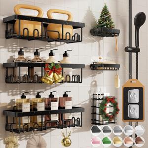 Veken Shower Caddy 6-Pack,Advanced Rustproof Design, No Drilling Adhesive Shelves, Rack with Soap Holder, Large Capacity Bathroom Organizers and Storage, Wall-Mounted Kitchen & Home Decor (6-Piece Set for Master Bathroom(Rustproof Upgrade), Black)