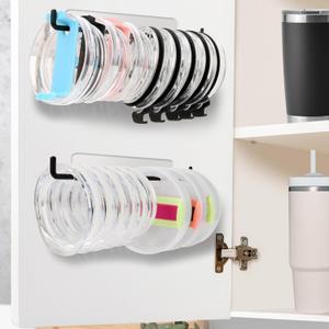 2 Pack Tumbler Lid Organizer, Over Cabinet Door Cup Lid Organizer, Self-Adhesive Tumbler Lid Hook, Tumbler Lid Holder for Kitchen Organizers and Storage