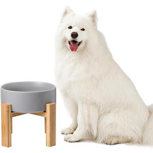 Elevated Ceramic Large Dog Bowl - Raised Dog Dish with Bamboo Stand - Heavy Weighted, No Tip Over, Comfortable Eating - 8.4" Diameter - 4.5 Cups - 68 fl oz - Grey