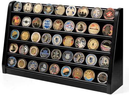 DecoWoodo Challenge Coin Display Case, 5 Row Military Coin Wooden Holder Rack Stand Holds 50 Coins for Desk or Wall Mount, Coin Holders for Collectors (Black Finish)