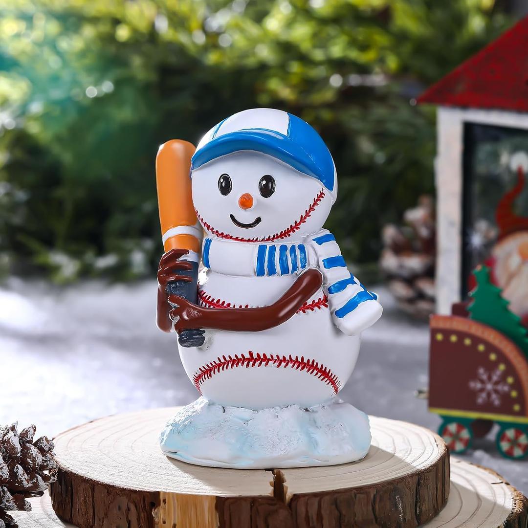 Christmas Baseball Snowman Figurine Xmas Baseball Snowman Table Resin Decoration Christmas Figurines Ornament for Desktop Mantle Shelf Fireplace Office Winter Holiday Party Supply Gift Decor