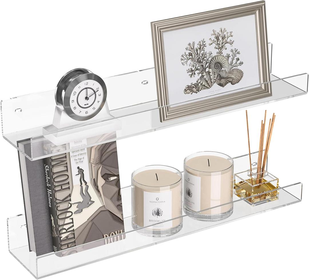 18'' Clear Acrylic Bookshelf 2 Pack, Acrylic Floating Book Shelves, Wall Mounting Invisible Ledge Book Shelf