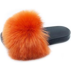 Unpafcxddyig Women Faux Fox Fur Slippers Feather Vegan Leather Open Toe Slip On Sandals (10, Orange)