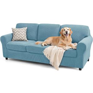 SUBRTEX 7 Pieces Stretch Sofa Slipcover,Couch Cover for 3 Cushion Washable Sofa Cover with Individual Backrest Cushion Covers for Living Room (Large,Steel Blue)