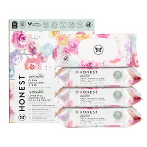 The Honest Company Clean Conscious Multi-Use Wipes Unscented Hypoallergenic Baby for Sensitive Skin 99% Water Plant-Based Compostable Rose Blossom 288 Count (72 Count (Pack of 4))