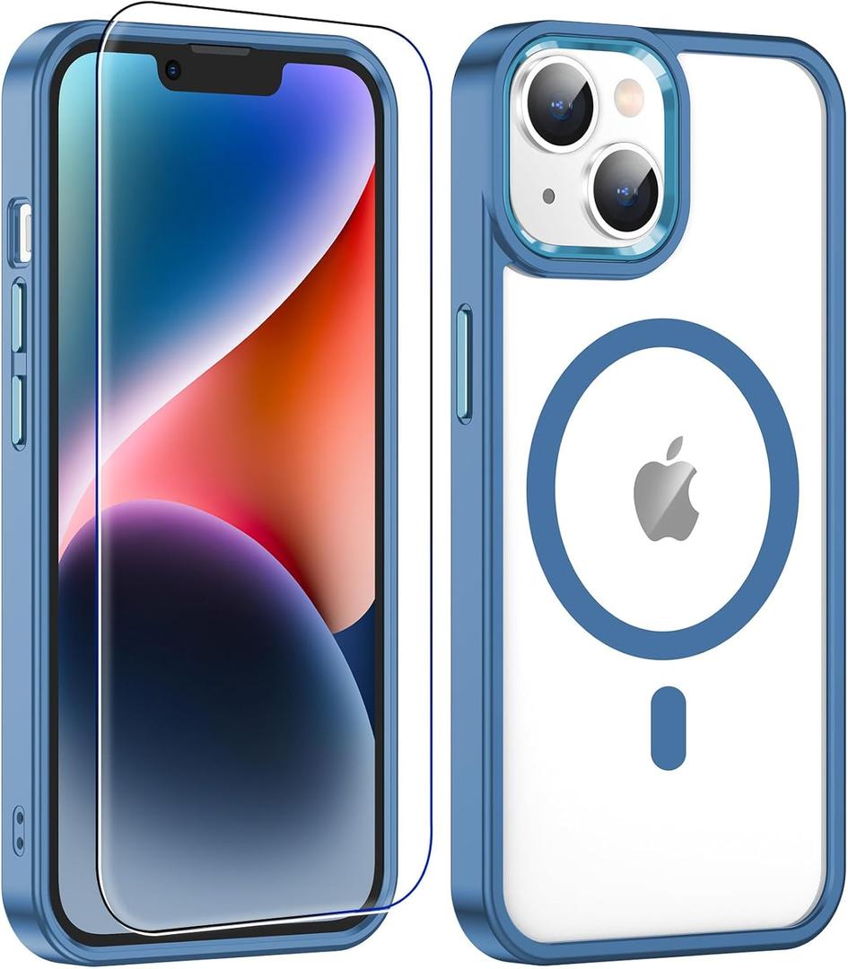 3 x for iPhone 14 Case,[Compatible with Magsafe][Anti-Yellowing] with Screen Protector,Slim Thin 10 FT Shockproof Phone Case 6.1 inch-Blue