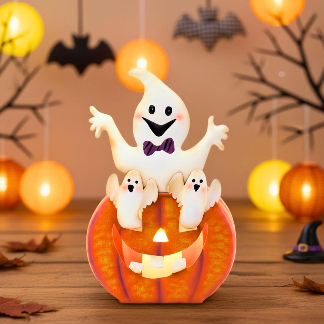 3 x TERESA'S COLLECTIONS Halloween Decorations LED Jack-O-Lantern Pumpkin Lantern Battery Operated,Cute Spooky Orange Metal Lantern with Candle for Home,Yard,Table Top,Trick Or Treat,Gifts for Party (Medium)