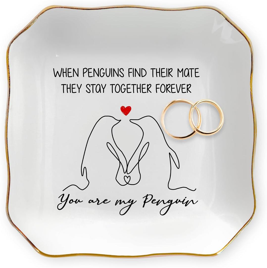 OASSIE Anniversary Couple Gifts for Her - You Are My Penguin, 4x4 Ceramic Jewelry Dish Tray - Romantic Anniversary Wedding Engagement Birthday Gifts for Women Girlfriend Wife, I Love You Gift for Her