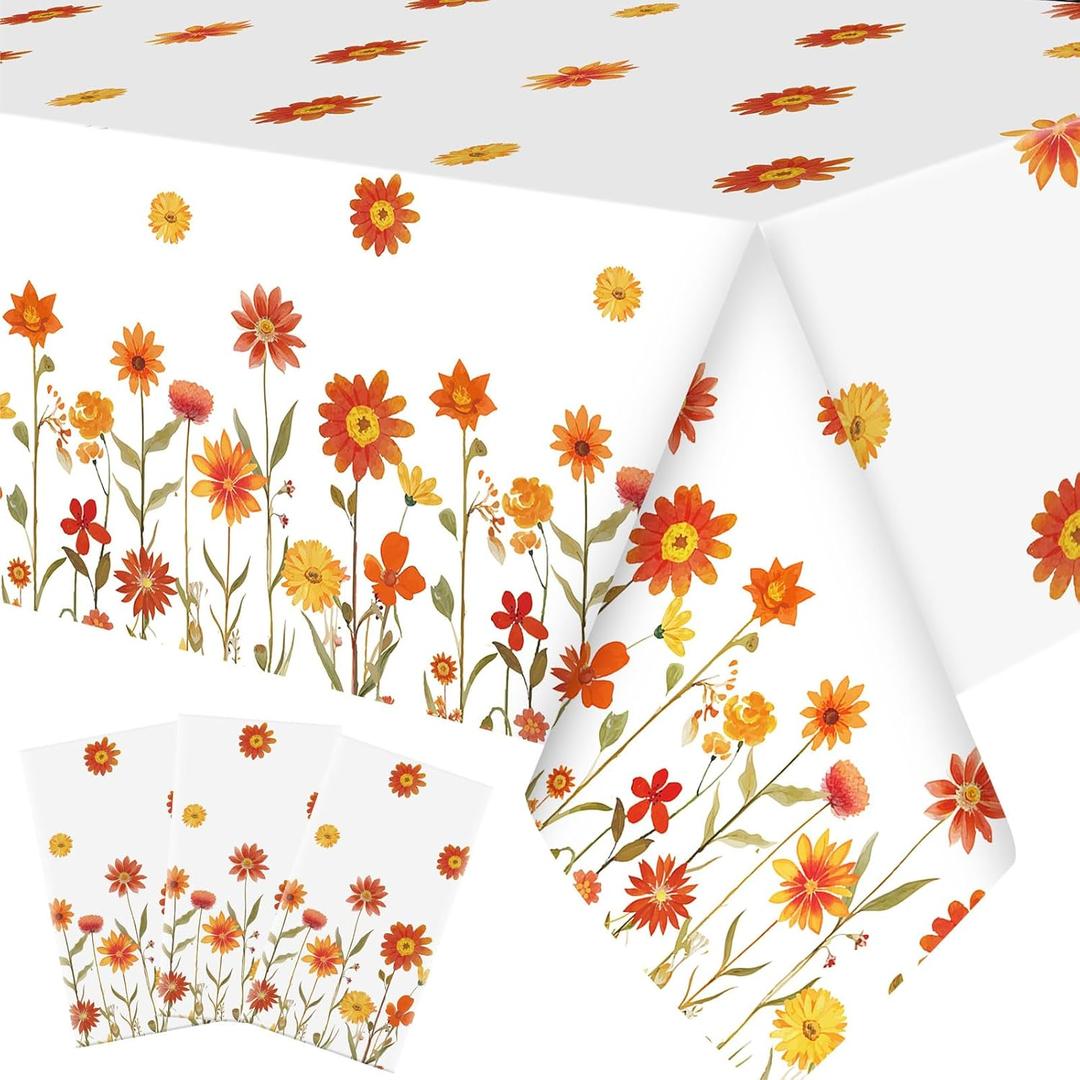 Ganeen 3 Pcs Fall Floral Tablecloth Autumn Tablecloths Disposable Plastic Table Cloth Watercolor Wildflower Table Cover Rectangle for Harvest Thanksgiving Wedding Birthday Party Decor, 108 x 54 Inch