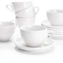Sweese 4 Ounce Cappuccino Cups with Saucers, Porcelain Double Espresso Cups Set of 4, White