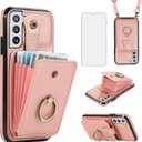 Asuwish Phone Case for Samsung Galaxy S21 5G 6.2 inch Wallet Cell Cover with Tempered Glass Screen Protector and Crossbody Strap Ring Stand RFID Credit Card Holder S 21 21S G5 Women Girls Rose Gold