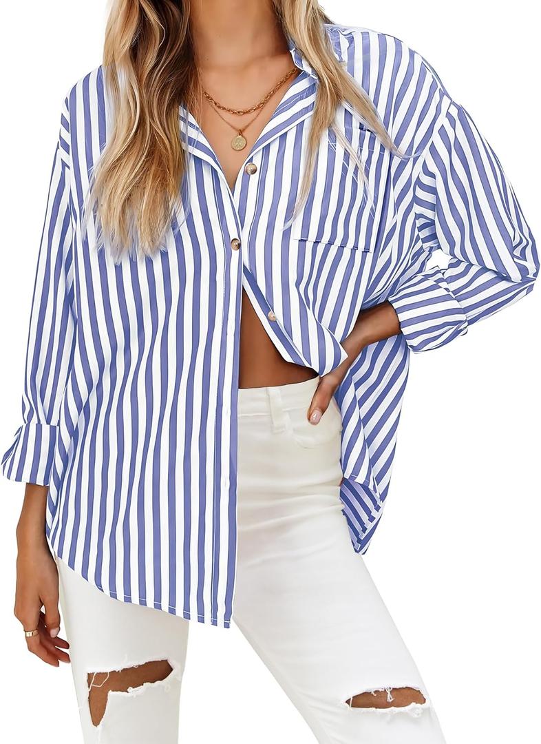 HOTOUCH Women's Striped Button Down Shirts Casual Long Sleeve Boyfriend Loose Collared Blouses Tops (Medium, Blue White)
