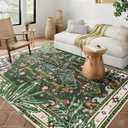 Oriental Tropical Washable Rugs, Greyish Green Boho Vintage Distressed Hippie 4x6 Area Rugs for Living Room Bedroom Kitchen Entryway Dorm, Abstract Botanical Animal Tribal Accent Carpet