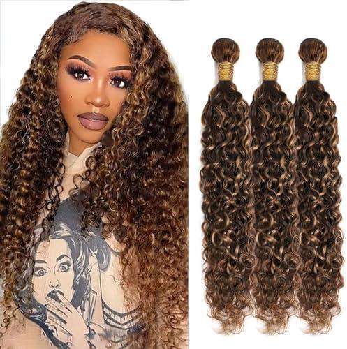 Ailabi P4/30 Brazilian Human Hair Bundles Highlight Chocolate Brown 22 24 26 Inch Water Wave Bundles Human Hair 11A Unprocessed Virgin Quick Weave Hair for Black Women