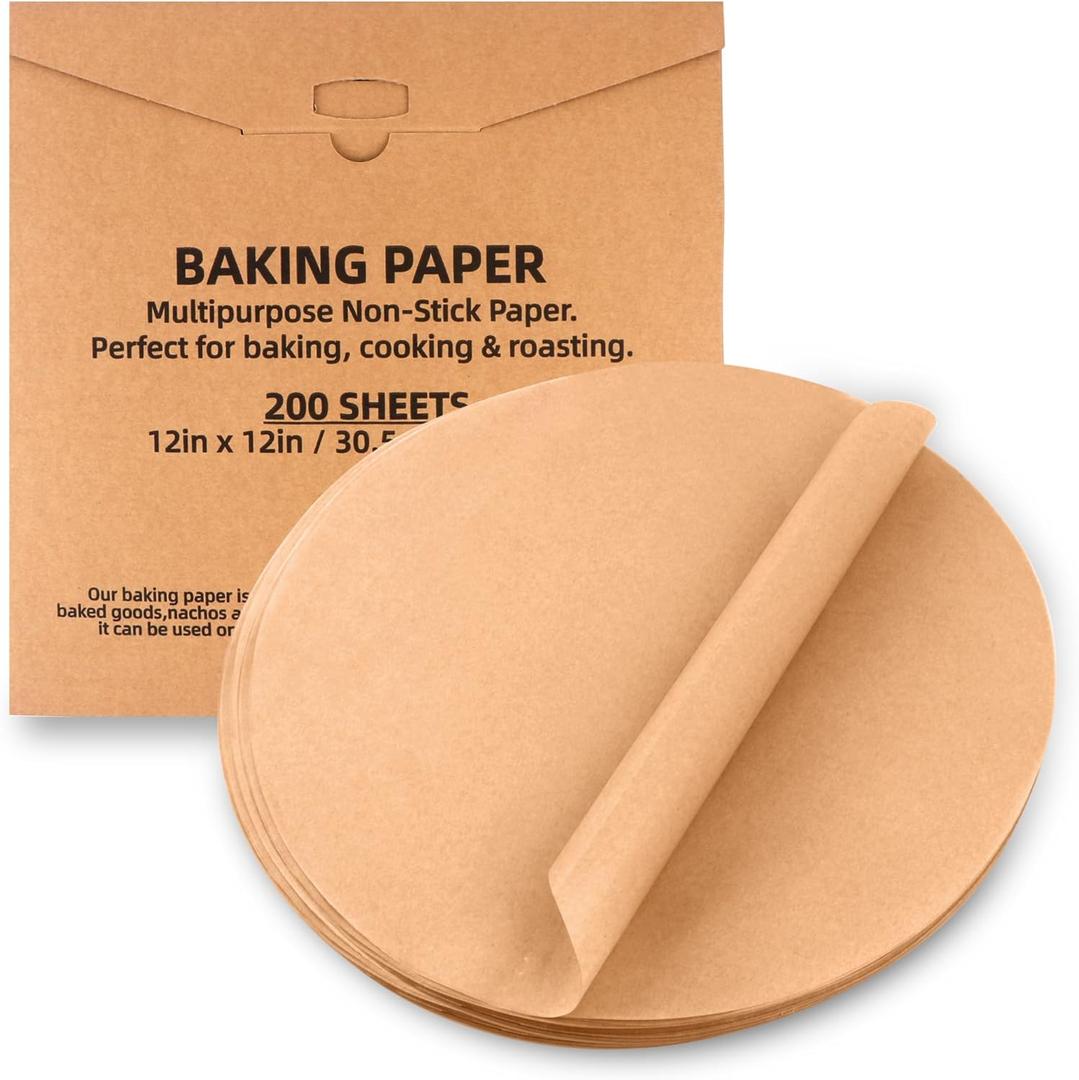 200 Pcs Parchment Paper Baking Sheets Round 12 Inch,Round Cake Pan Parchment liners,Baking Parchment Non-Stick Baking Parchment Paper Circles,Baking Air Fryer Steaming Bread Cup Cake(Brown-12")