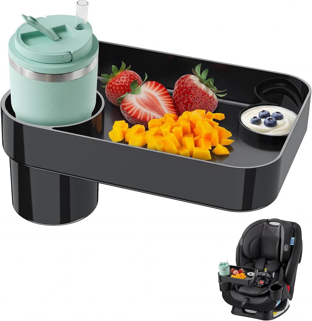 Toddler Car Seat Snack Tray - 3 Inch Cup Holder with Dip Well Fits Most Sippy Cups & Straw Bottles, Mess-Free Square Kids Travel Tray Road Trip Essentials, Black