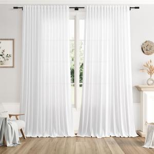 Nanspring Extra Wide Linen Curtains for Living Room 108 Inch Length for Room Divider White Rustic Farmhouse Drape Rod Pocket Back Tab Light Filtering Bedroom Window Curtain for Sliding Door 100x108"