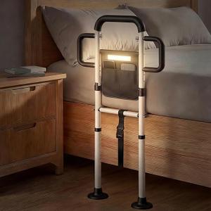 Bed Rails for Elderly Adults Safety, for 400Lbs, White | Bed Rail for Seniors with Motion Sensor Light, Height Adjustable Bed Assist Bar, Non-Slip Handle, Storage Bag