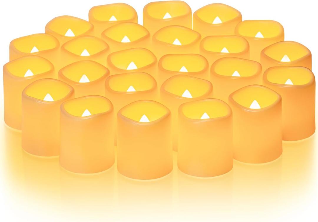 Homemory 24Pack Flickering Flameless Votive Candles,200+Hour Electric Fake Candles,Battery Operated LED Tealight for Wedding,Table,Outdoor,Halloween,Christmas Decoration-Amber Yellow