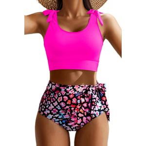 High Waisted Two Piece Bikini - Tummy Control Modest Swimsuit Bathing Suit | High-waisted for tummy coverage Adjustable tie straps for personalized comfort Side ties for a customizable fit (S)