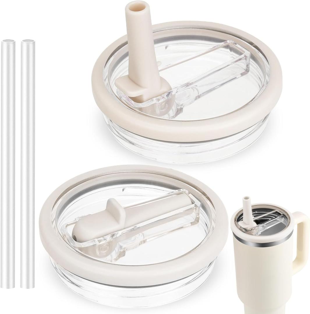 40 OZ Tumbler Flip Straw Lid for Stanley Quencher, Spill Proof Lids Replacemen, Non Spill Straw TOP Cover Replacement Accessories with Brush White