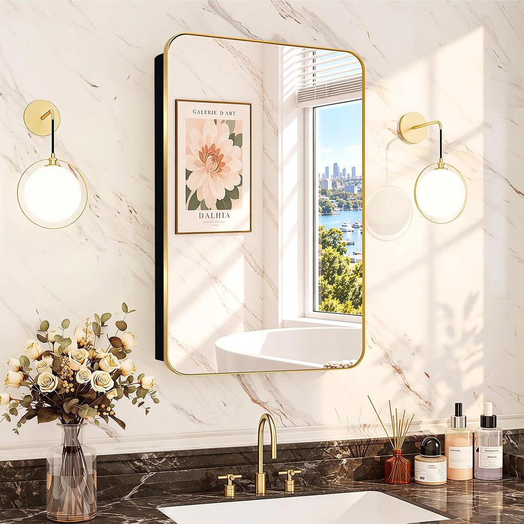 16x24 in Brushed Gold Medicine Cabinet with Mirror for Bathroom, Gold