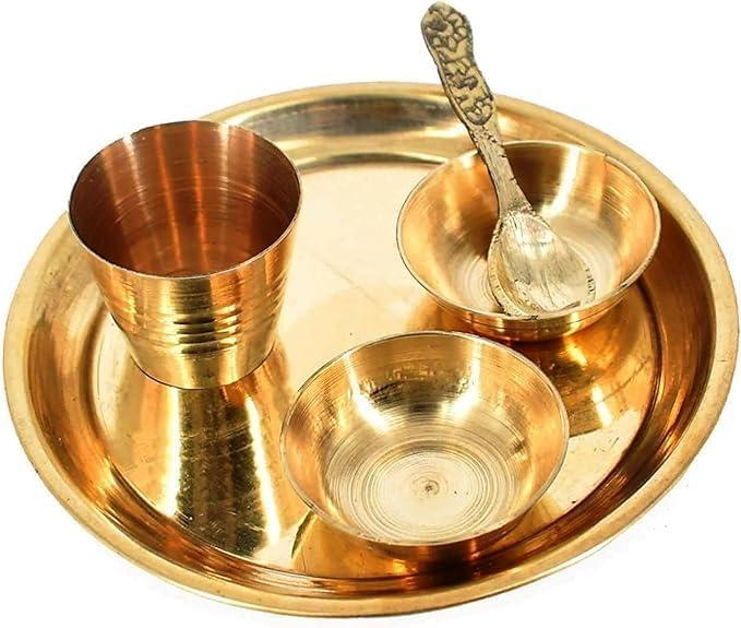 Pooja Thali Set 11 Inch Puja Thali with 11cm Plate Laddu Gopal/Krishna Pooja Set with 1 Thali 2 Katori, 1 Glass, 1 Spoon for Diwali Home Office Mandir Wedding Return Gift Items (Golden) (Large)