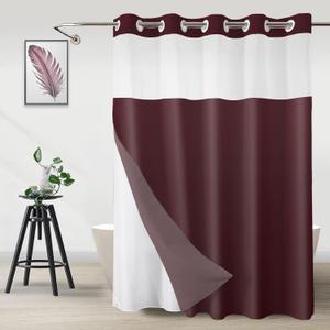 No Hook Shower Curtain with Snap in Liner, Ombre Burgundy Shower Curtains and Liner Set, Hotel Fabric Bath Curtain for Bathroom, Mesh Top Window Waterproof Washable, 71" x 74"
