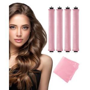 Heatless Curls Overnight with Satin Head Scarf, Velvet Hair Rollers for Blowout Look, No Heat Curling Rod for Long Thick Hair, Soft Sleep In Flexi Rods (Pink)