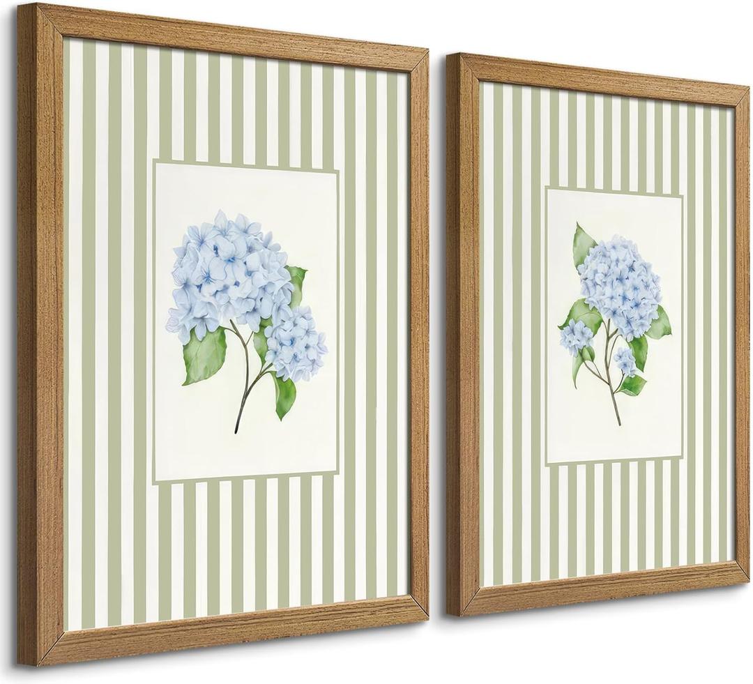Framed Blue Hydrangea Wall Art Set of 2, Floral Bathroom Decor, 16x24 Inch