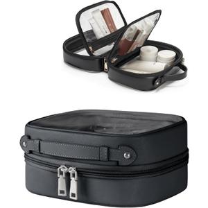 Clear Cosmetic Bag Double Layer Travel Toiletry Bag Clear Makeup Bag Case with 4 Compartments, Transparent Travel Bag for Toiletries, Large Toiletry Bag for Women Cosmetic Case (Black, Small)