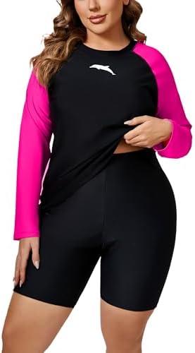 Halcurt Women's Built in Bra Long Sleeve Rash Guard Plus Size 2 Piece Swimsuit Shirt and Shorts, 4XL
