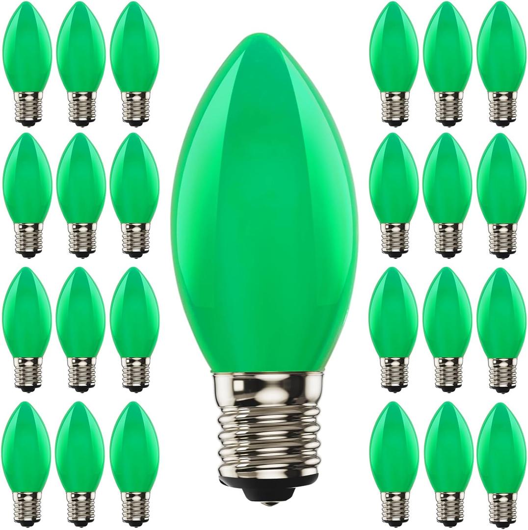 C9 LED Green Christmas Replacement Light Bulbs, Plastic Shatterproof LED Bulbs for Christmas Outdoor Patio String Lights, 0.6W Equivalent to 7W, Xmas Green Night Light Bulbs, E17 Screw Base, 25PK