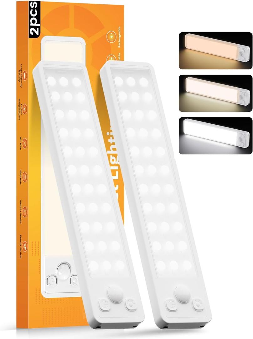 Under Cabinet Rechargeable Dimmable Lighting: 3 Color Temperature Motion Sensor Lights Indoor - Battery Operated Lights - Activated Closet Magnetic Wireless Led Light for Kitchen Home Bathroom Counter (2 Pack)