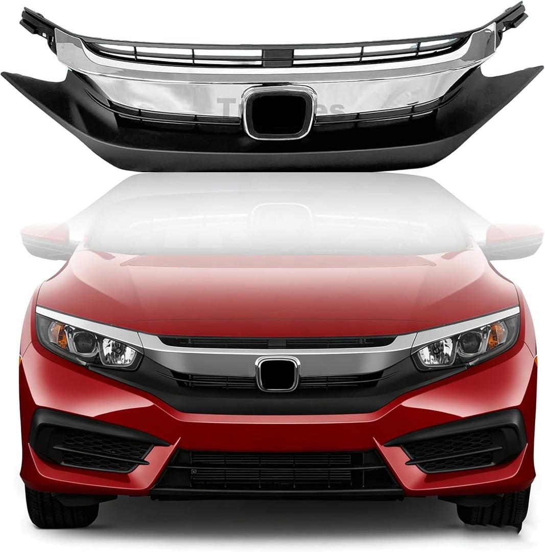 Front Bumper Grille for 2016 2017 2018 Honda Civic, Black with Chrome Molding Front Upper Hood Grill Replacement Part