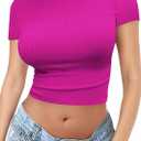 Allimy Womens Summer Short Sleeve Slim Fitted Tshirt Round Neck Ribbed Crop Tops (Pink)