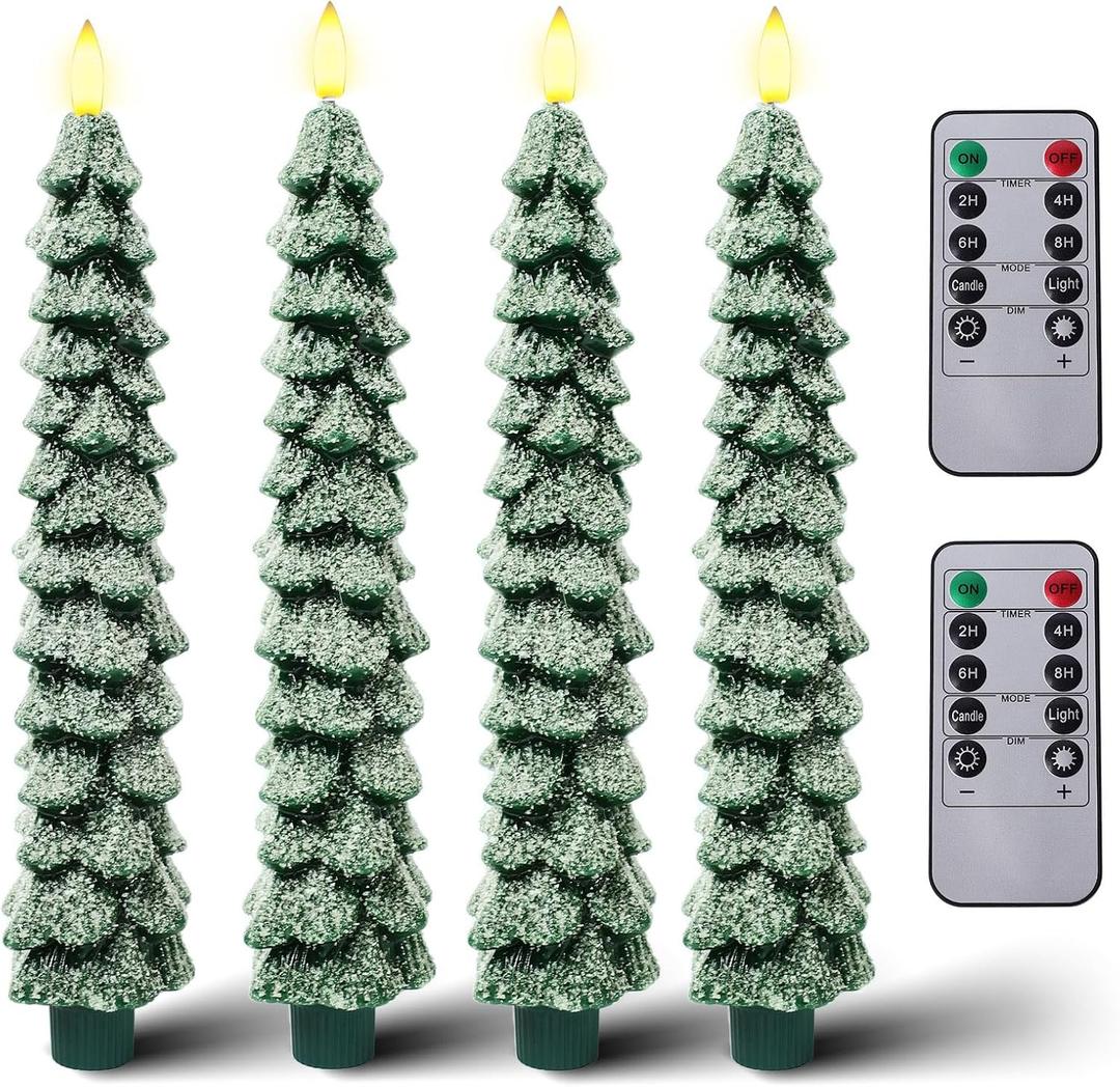 LiuSuper 4 Pack Christmas Tree LED Candles with Remote, Snow Covered Real Wax Flameless Taper Candles with 3D Flickering Flame, Lights Xmas Candlesticks for Christmas Home Party Decor