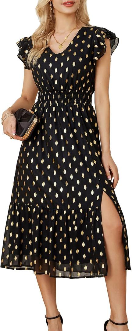 GRACE KARIN Women's V Neck Ruffle Sleeve Summer Dress 2025 Split Flowy Tiered Midi Dress Wedding Guest Cocktail Dresses (Black-polka Dot) L