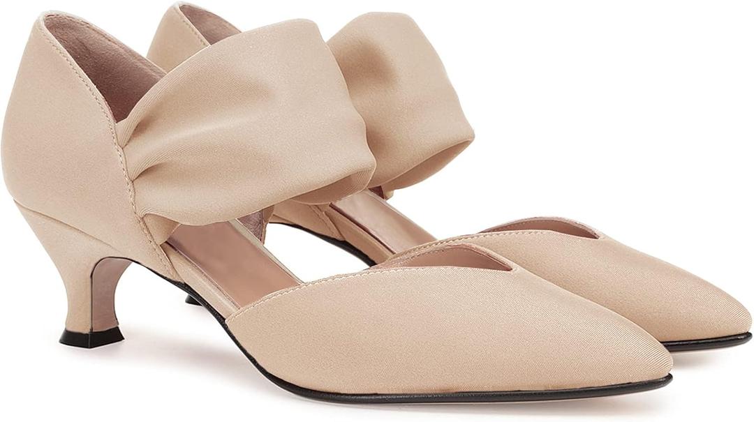 Coutgo Womens Low Kitten Heel Dress Shoes Pointed Toe Slip on Ankle Strap Cutout Elegant Party Wedding Pumps (Beige, Size 9)