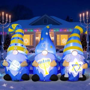 DomKom 6FT Long Hanukkah Inflatable Outdoor Decorations, Chanukah Gnomes Holding Star of David, Dreidel and Menorah Blow up, Build-in for Party Yard Holiday Decor