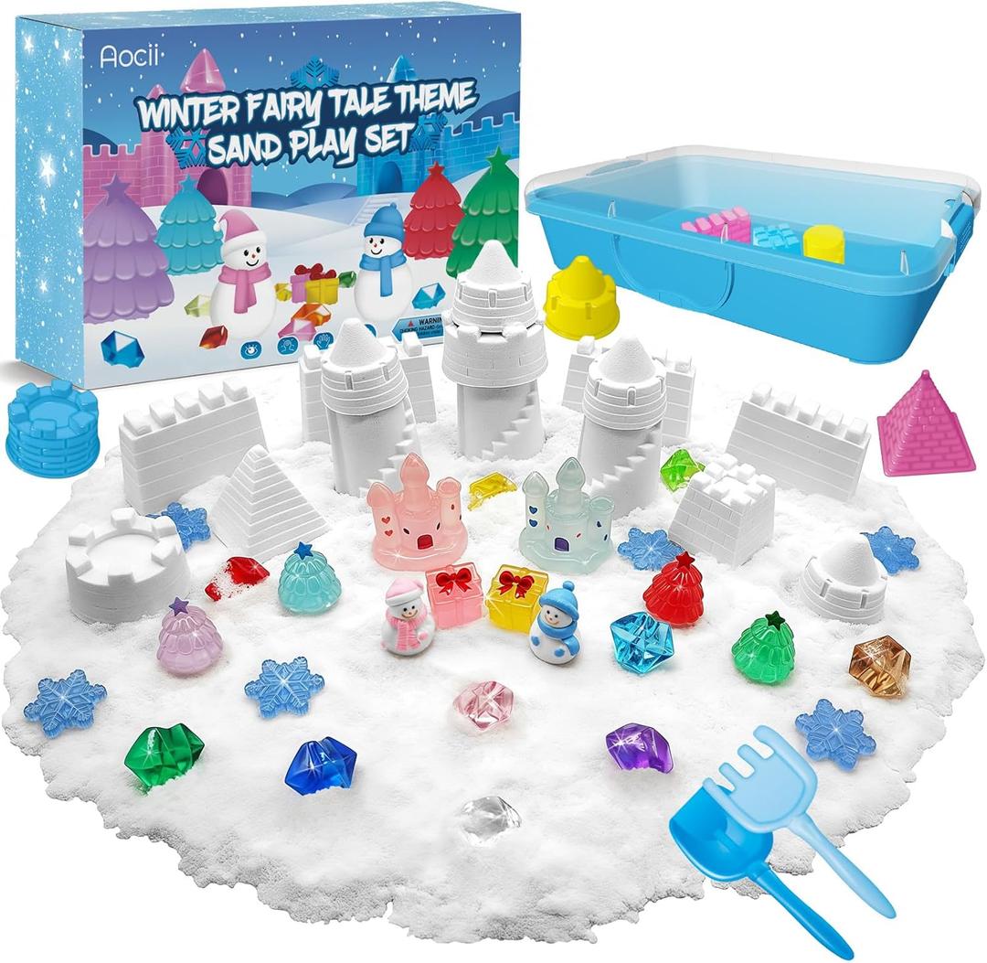 Aocii Kids Sensory Bin Sand Kit, Winter Fairy Tale Theme Sand Play Set, Toddlers Sandbox, Role Pretend Play Snowfield Toy Christmas Birthday, Gift for Girls Boys 3 4 5 6 7 8 9 Years