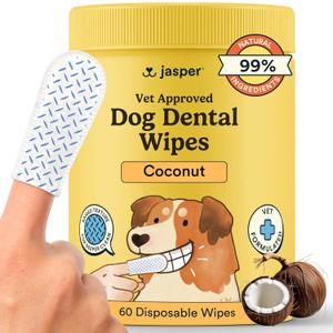Jasper Dog Dental Wipes, Vet-Recommended All-Natural Finger Toothbrush Wipes for Dogs, Fresh Breath & Tartar Control in Seconds  No Brush and Toothpaste Needed, Coconut, 60 Count