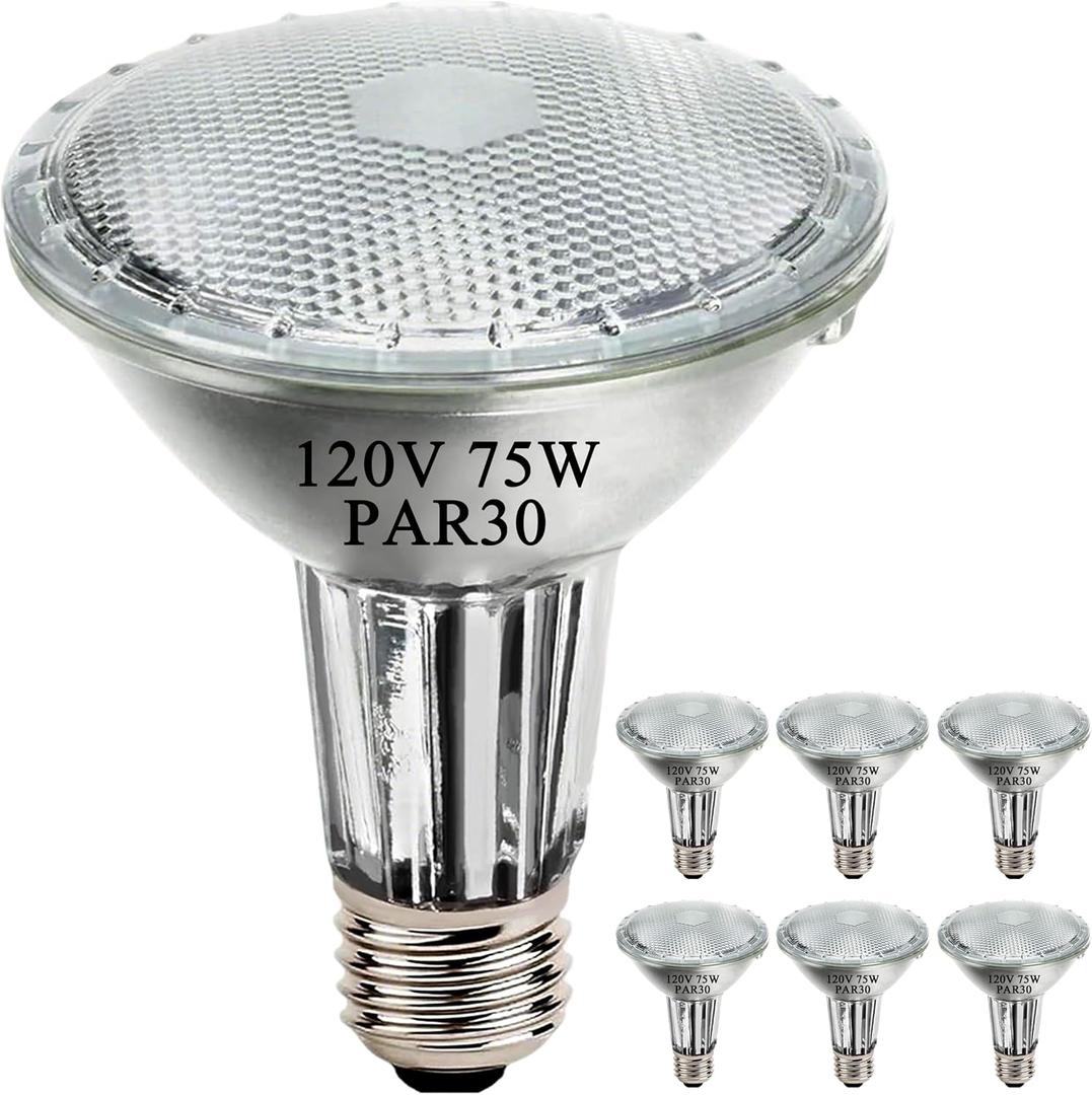 PAR30 Long Neck Halogen Flood Light Bulbs, 120V 75W, Dimmable High Output, E26 Medium Base, 2700K Warm Lighting, 3000 Hours for Recessed Light Bulb, 6 Pack